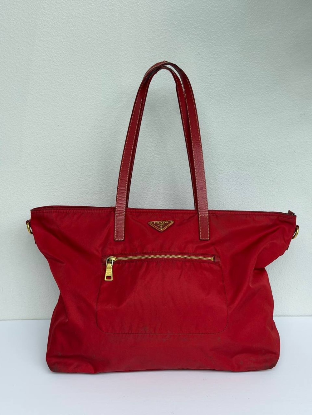 Prada Vintage Red Tessuto Nylon Leather Trim Large Tote Shoulder Bag